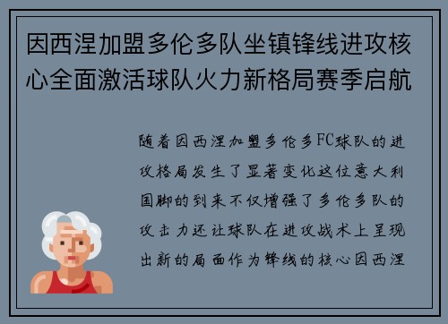 因西涅加盟多伦多队坐镇锋线进攻核心全面激活球队火力新格局赛季启航